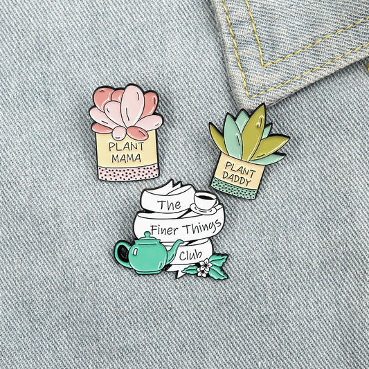 Plant Parent Lapel Pins Plant Mama Plant Daddy The Finer Things Club Brooches On Denim Jean Jacket