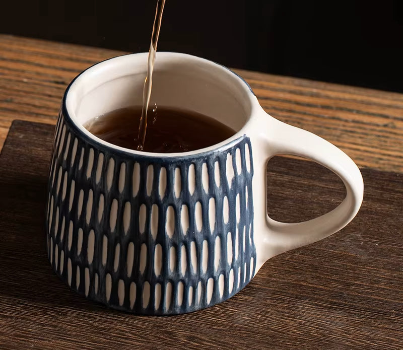 Serene Rows Organic Retro Craft Style Ceramic Mug Blue
