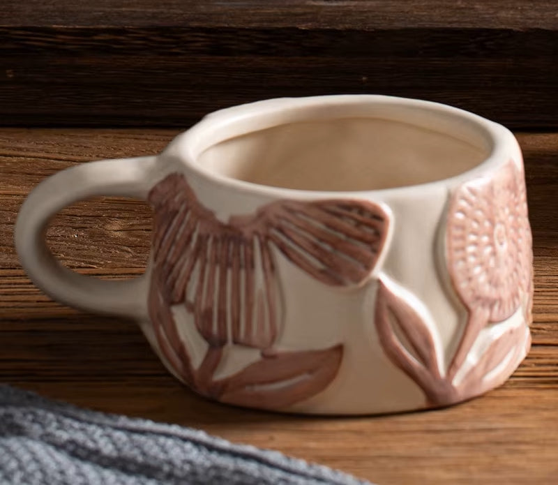 Blush Blooms Shallow Organic Retro Craft Style Ceramic Mug Pink