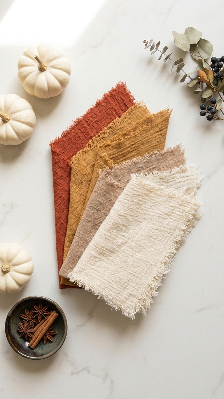Autumn Decor Fall Pumpkins And Cozy Cloth Napkins In Autumnal Colors