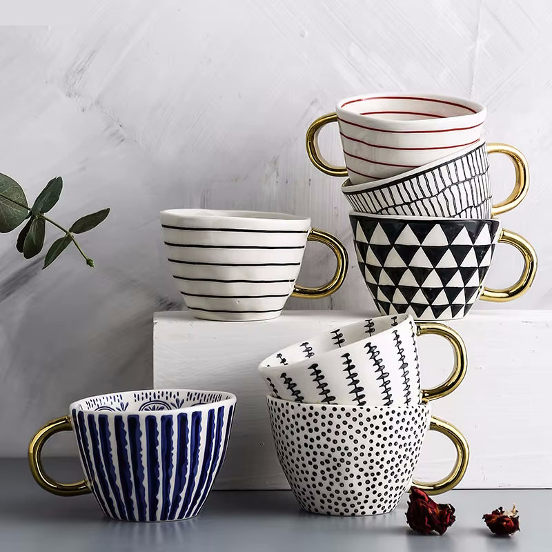 Coffee Bar Decor Artistic Mugs With Golden Handle Bling Style