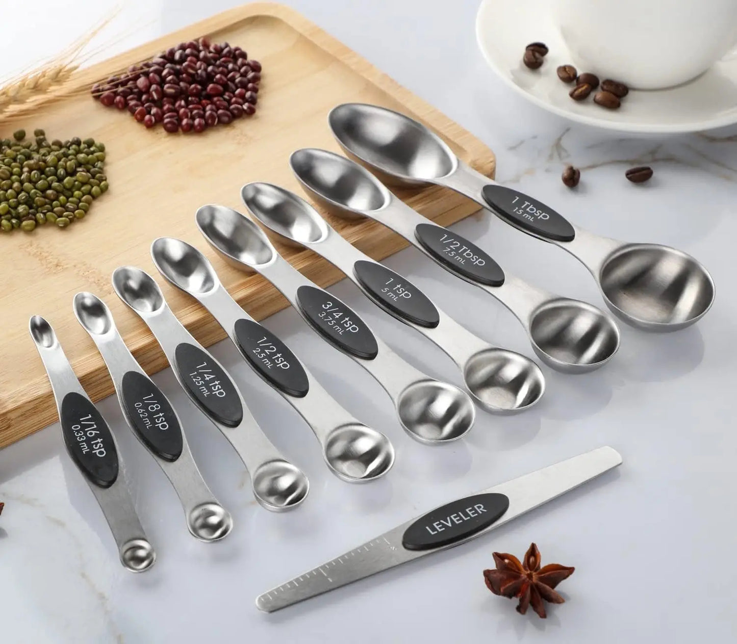 Everyday Stainless Steel Measuring Spoons With Leveler Magnetic Measuring Utensil Set 9pc Black And Metal Kitchen Style