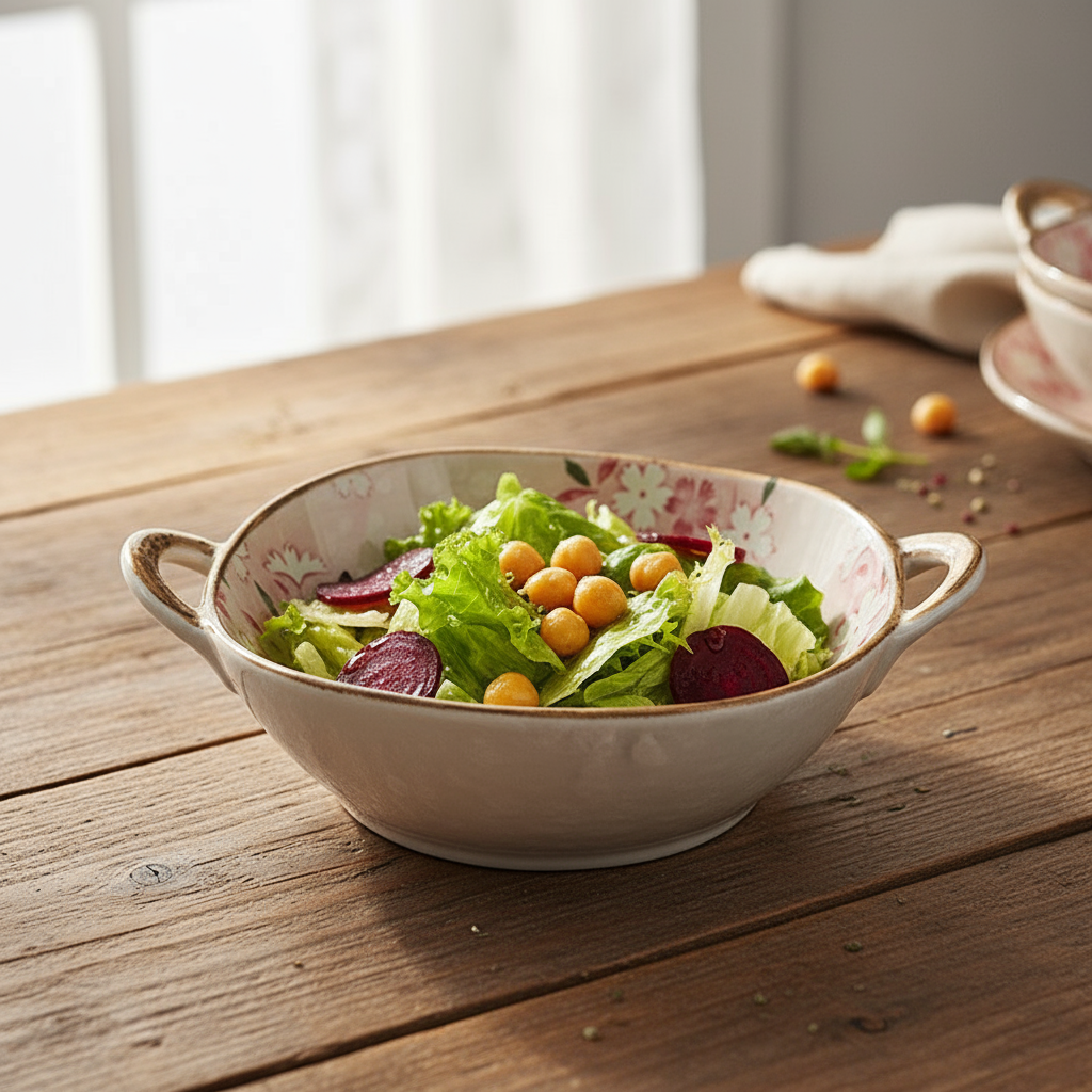 Floral Blush Salad Bowl On Farmhouse Table With Fresh Healthy Food Pink Flower Dishes