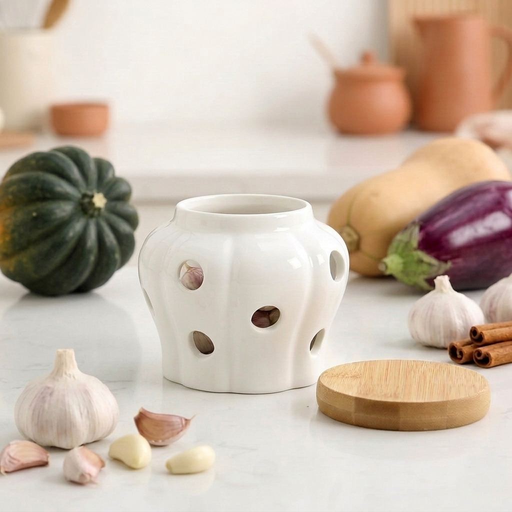 Fresh Organic Ingredients With Garlic Pot Ceramic Food Storage Garlic Cloves And Garlic Blub Cellar