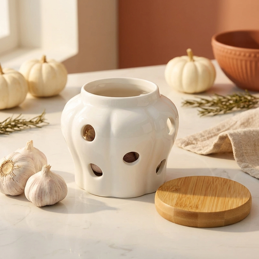 Healthy Lifestyle Fresh Garlic Storage Cellar Pot Ceramic Pottery With Wood Lid