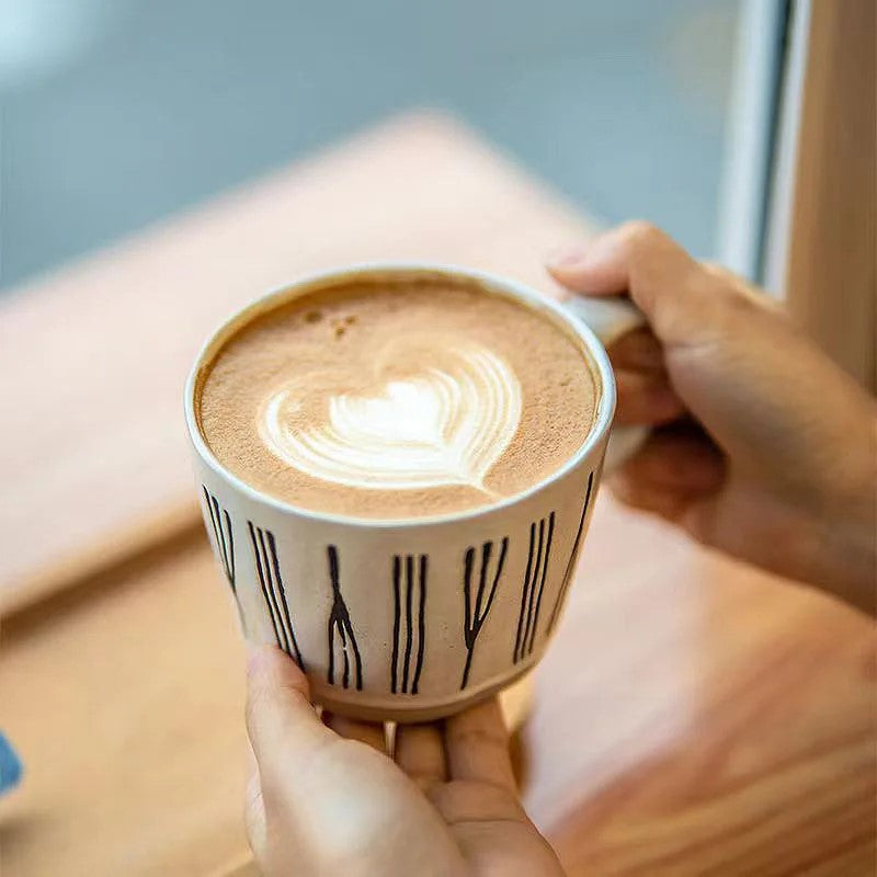 Coffee Latte In Twine Pattern Craft Style Ceramic Coffee Mug With Hot Drink Cappuccino Latte Art