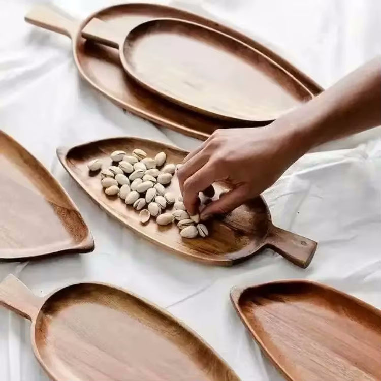 Leaf Shaped Snack Trays Pistachio Nuts On Acacia Wooden Leaves Autumn Serveware For Fall Decor