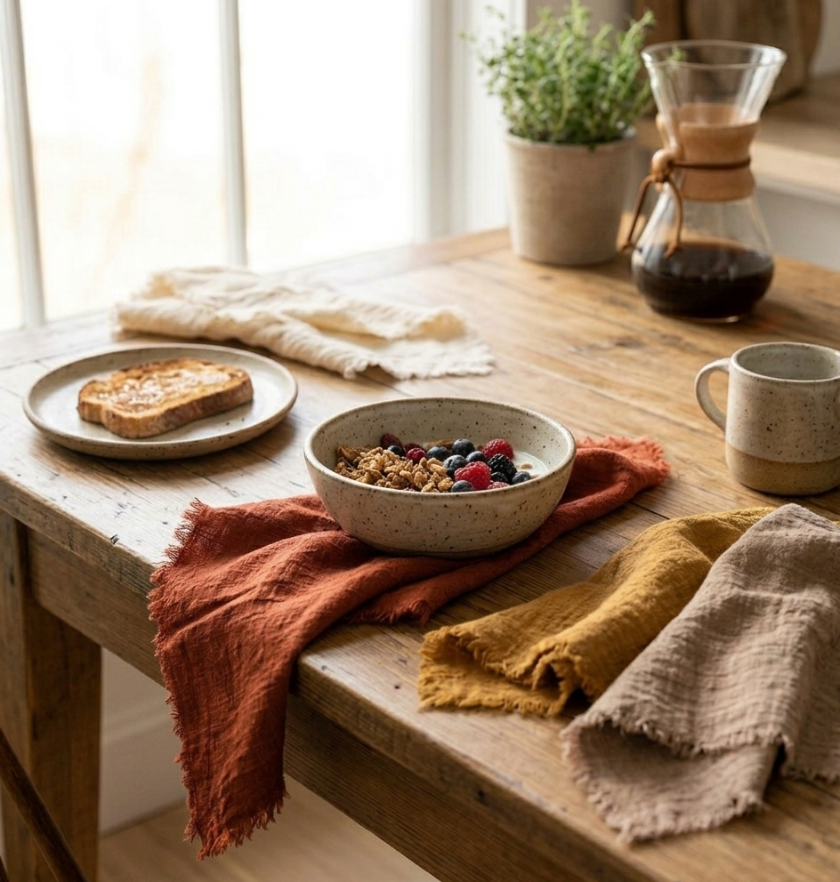 Coffee In Organic Style Dining Room Breakfast Time Cotton Napkins In Cozy Fall Warm Colors For Autumn