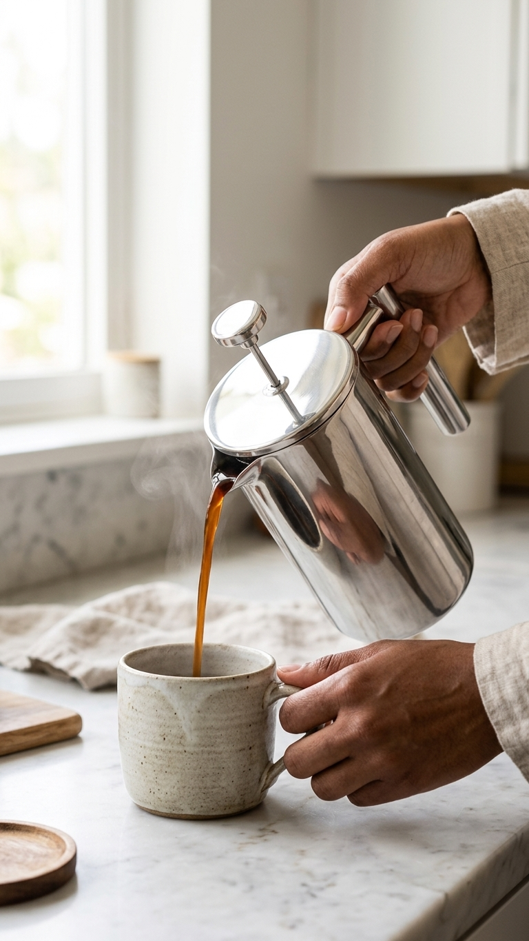 Pouring Cup Of Coffee Out Of Stainless Steel French Press