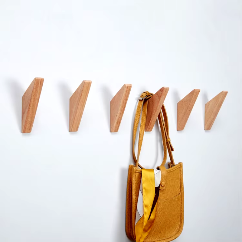 Purse Hanging On Wall Hook Oak Wood Modern Naturalist Style Entryway Decor