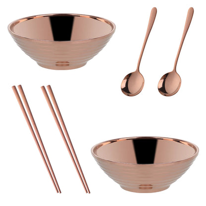 Dish Sets With Utensils Glam Stainless Steel Insulated Colorful Rose Gold Noodle Bowls With Matching Rose Gold Spoons And Rose Gold Chopstick Sets