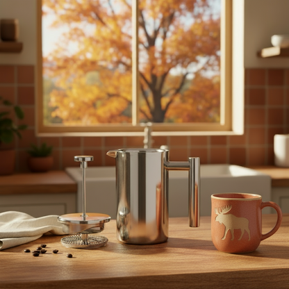 Stainless Steel Metal French Press With Moose Mug In Autumn Kitchen During Fall
