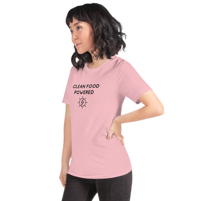 Woman Standing With Hand On Hip Wearing Pink Cotton Short Sleeve Shirt From Terra Powders That Says Clean Food Powered